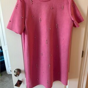 ZARA WOMAN S24 LIGHT FUCHSIA FAUX SUEDE DRESS WITH RHINESTONES